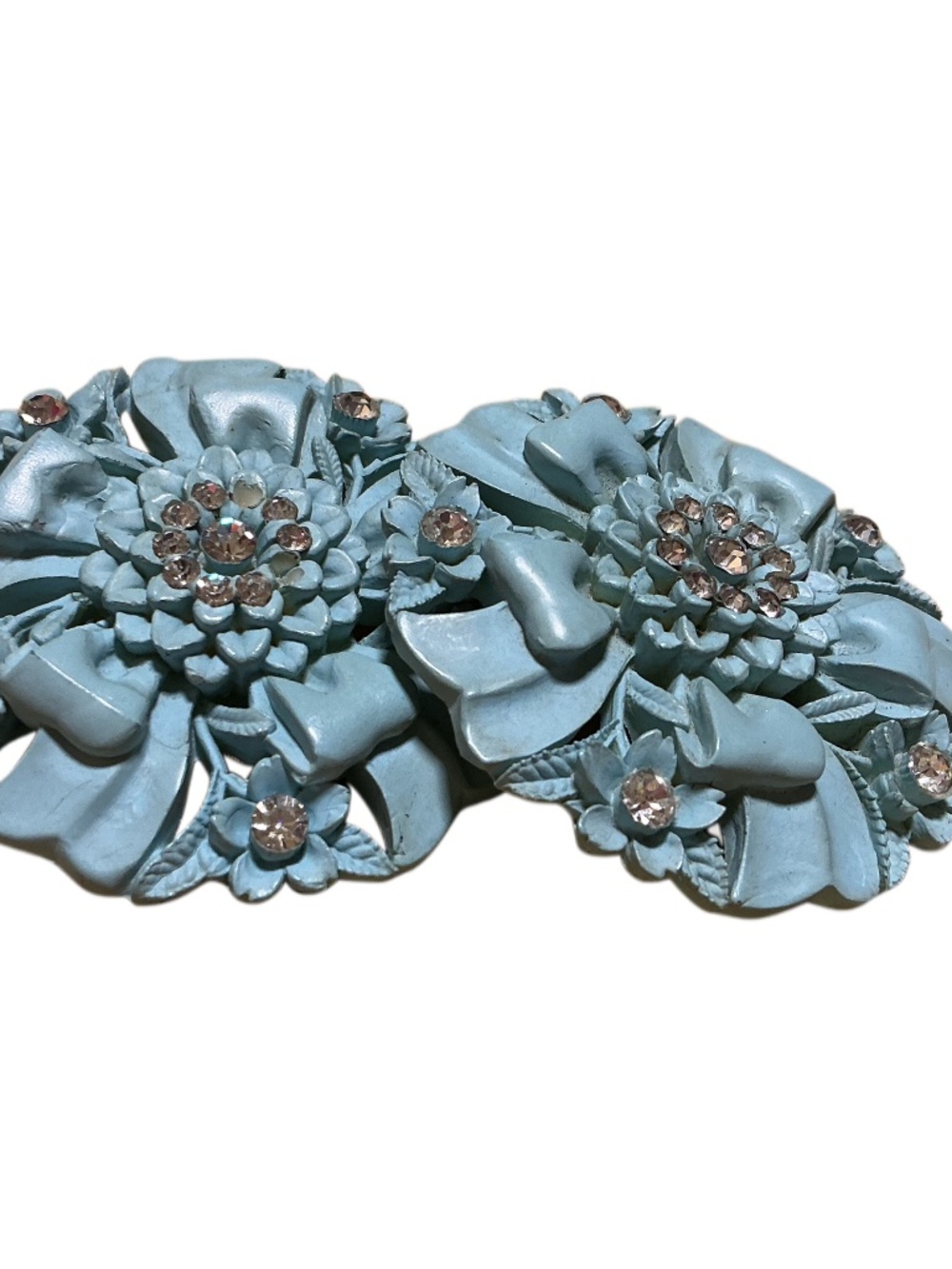 Vintage Featherweights 2.5" Turquoise Floral Rhinestone Clip-On Earrings - Picture 3 of 14